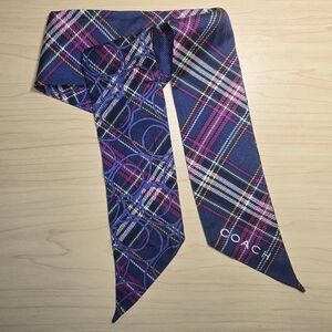 COACH Skinny Silk Scarf Tartan Plaid Purse Accent Hair Bow Neck Tie Navy Magenta
